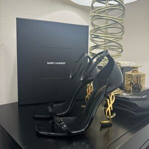 Saint Laurent YSL Opyum 110 Sandal Logo Heel Patent Black 38.5